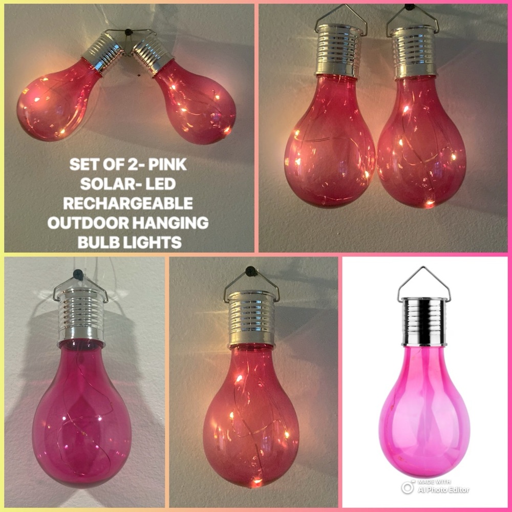 NWT- SET of 2- PINK- SOLAR- LED- RECHARGEABLE OUTDOOR HANGING BULB LIGHTS